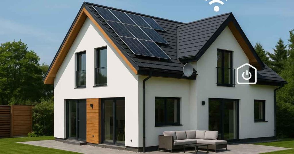 Home Domotica en slimme woningen op zonne-energie systeem met sensoren, slimme thermostaat en energiemonitoring dashboard voor aut